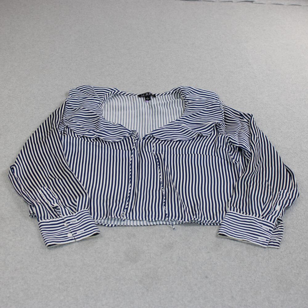 J Crew Shirt Women Large Blue Stripe Ruffle Collar Nautical Coastal Boho Romanti